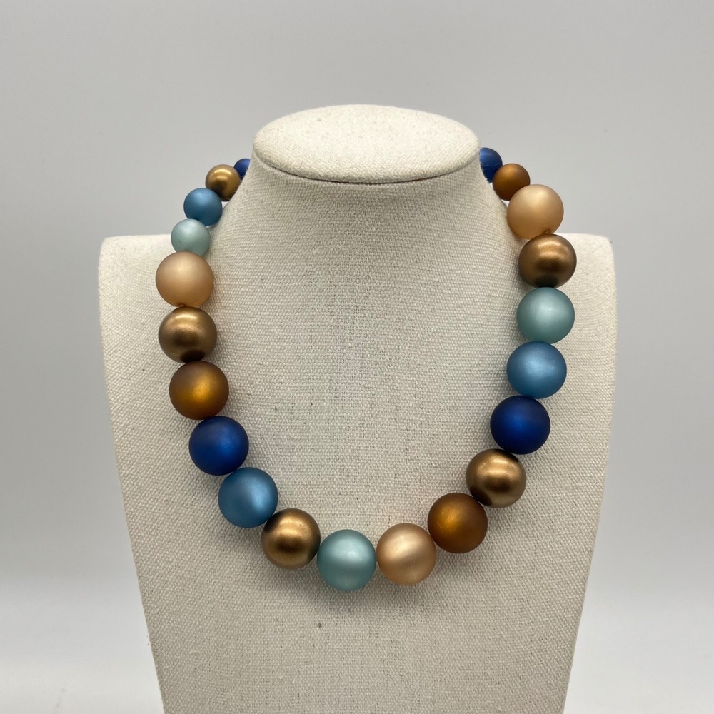 Avon PMA Blue Bronze Gold Matte Satin Graduated Chunky Bead Necklace 20.5"